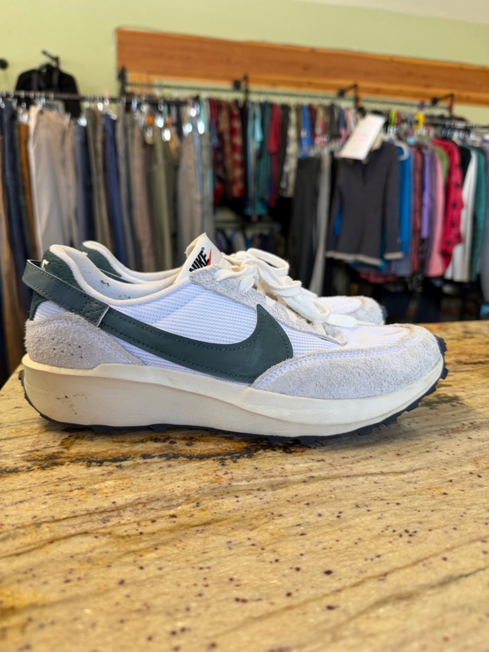 Nike White Mesh Sneakers with Dark Green Swoosh